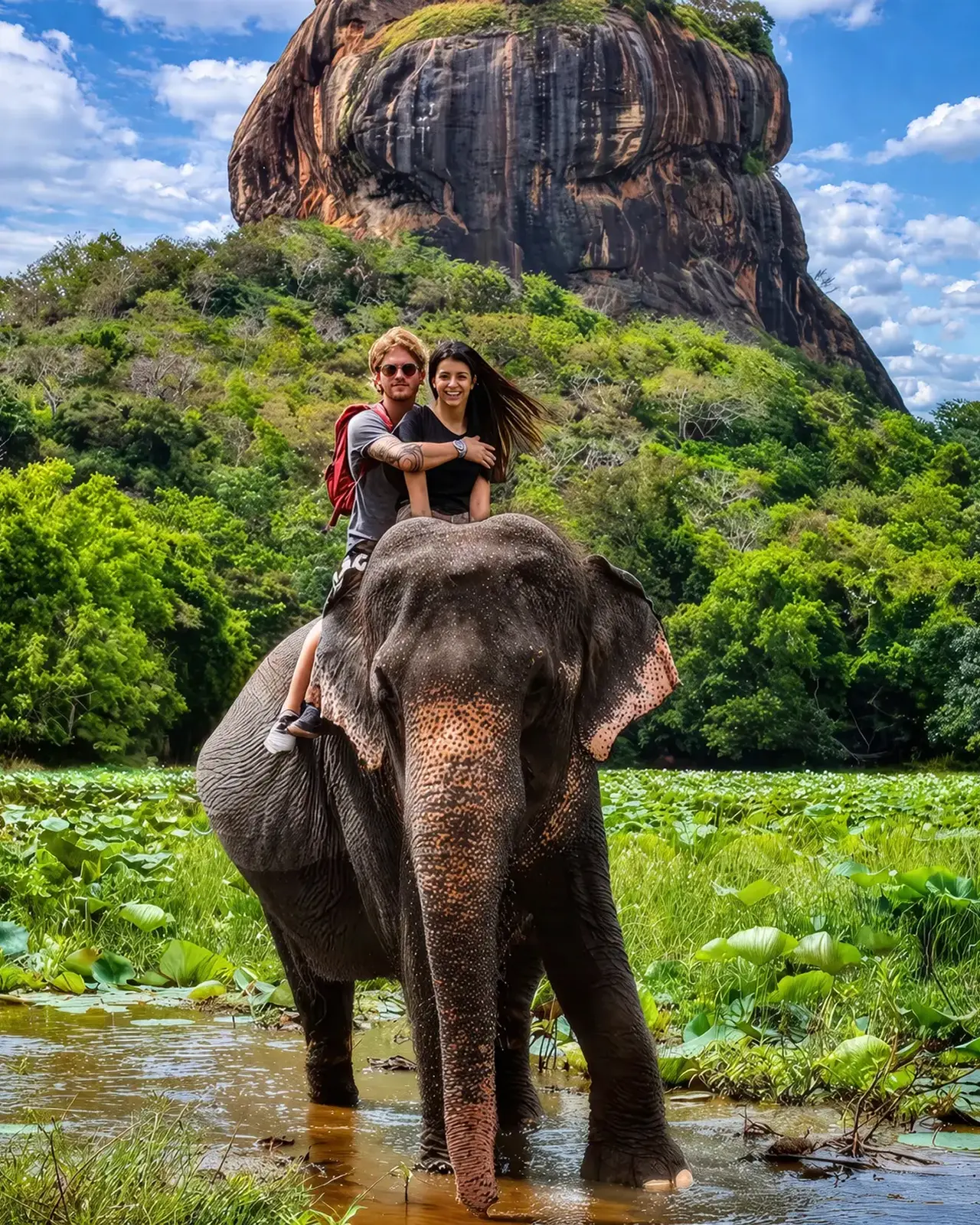 Two travellers riding an elephant with Sigiriya rock behind them