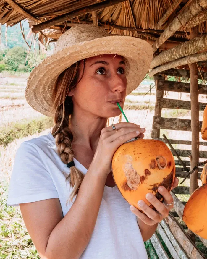 Traveller in a straw hat drinking from a king coconut at a village stall